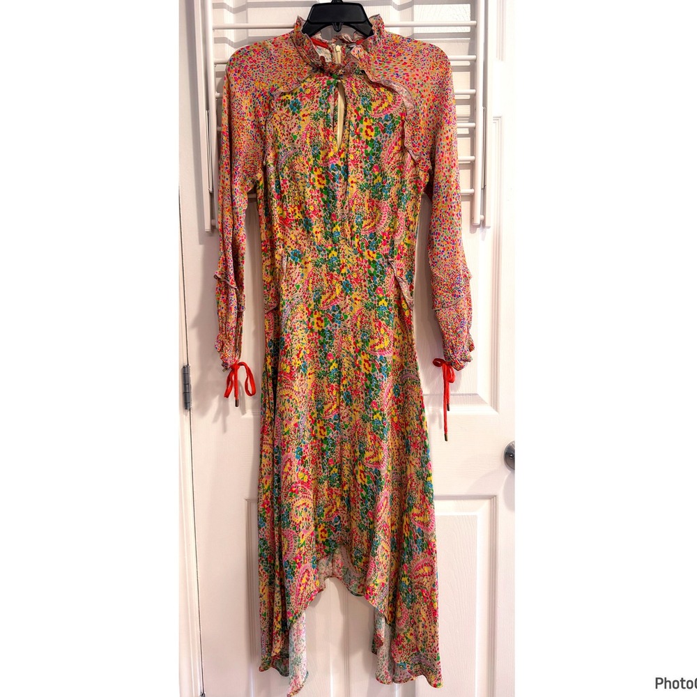 Blank Multi Colored Abstract Floral & Dot Ruffle Dress Long Sleeve Small